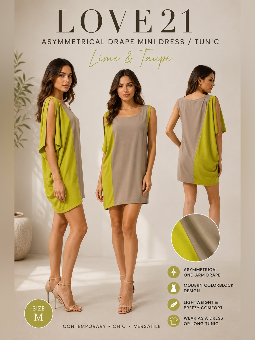 Love21 Asymmetrical Colorblock Drape Mini Dress / Tunic - Lime & Taupe - Size M